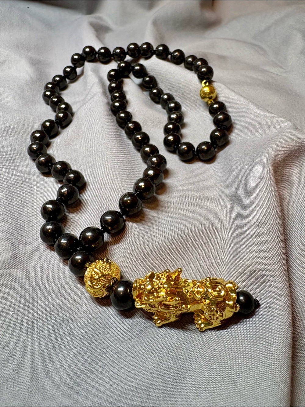 Shungite Beaded Feng Shui Necklace 20 “ with Pixiu Pendant in Goldtone